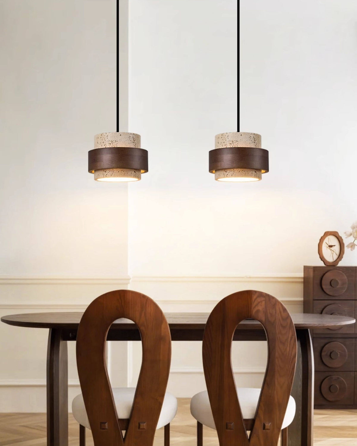 WOMO Travertine Wood Drum Pendant Light - WM3108 — product view 7