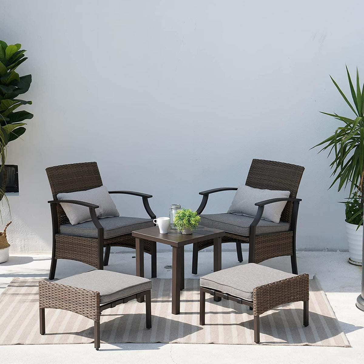 LOUNGE YARD 5 Pieces Outdoor Patio Furniture Sets Weather Resistant Wicker Outdoor Chairs with Ottomans and Coffee Tables — product view 3