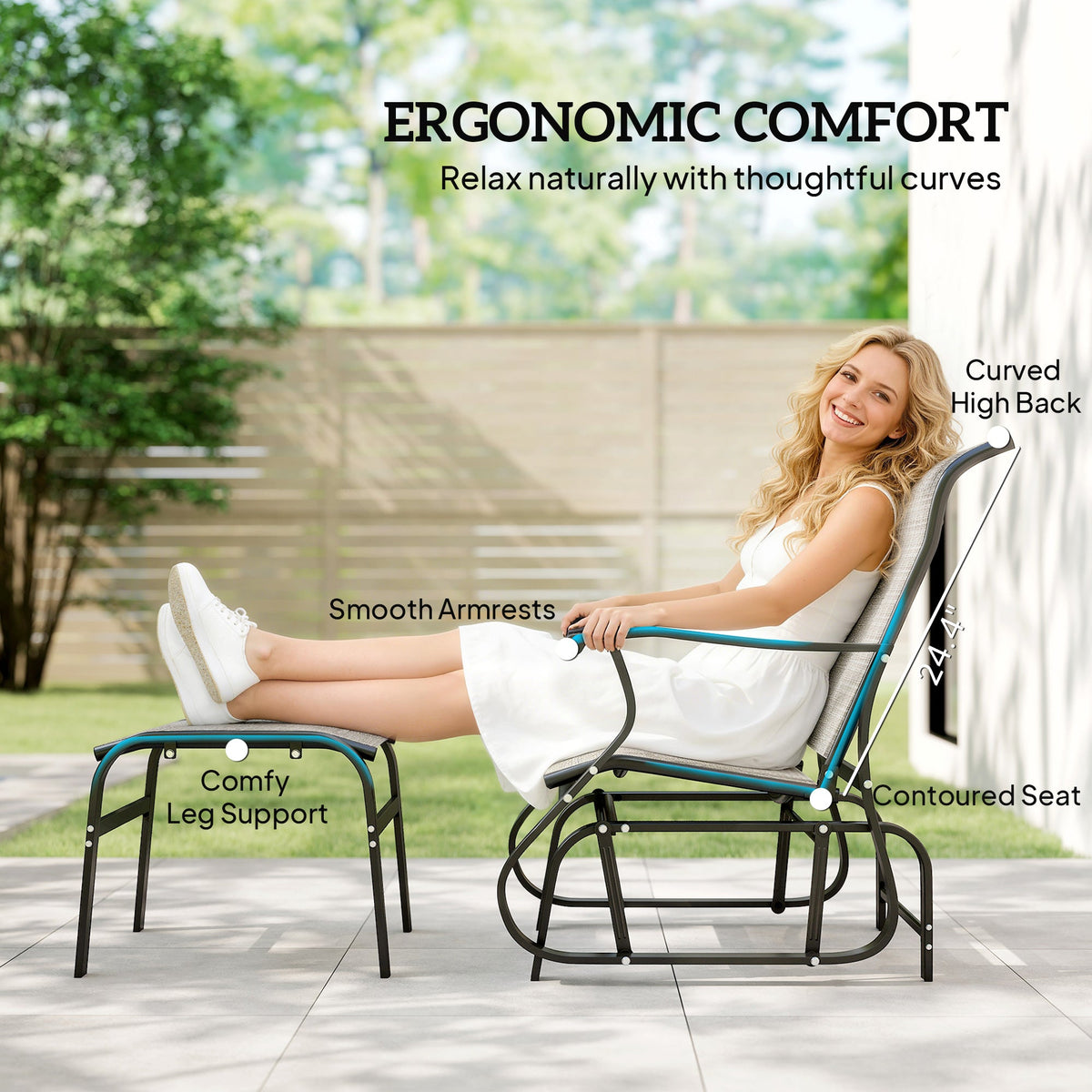 2-Piece Outdoor Glider Chair with Ottoman and All-Weather Breathable Mesh, Gray — product view 7