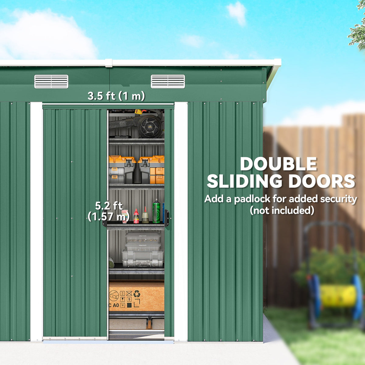 7' x 4' Outdoor Storage Shed with Lockable Double Doors, Green — product view 7