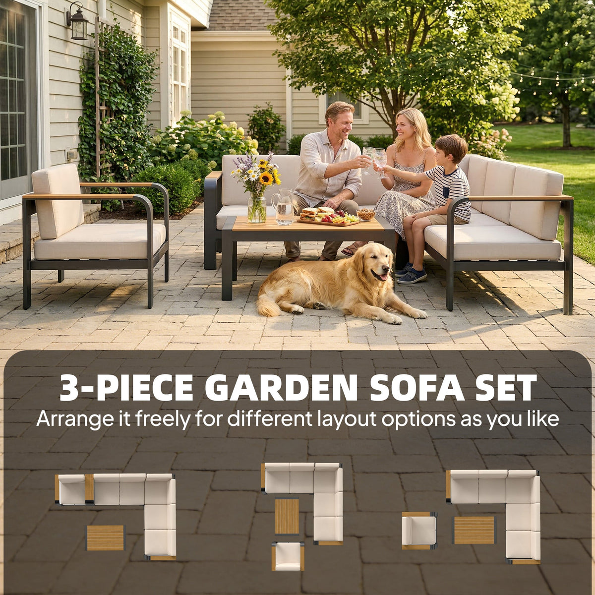 3-Piece Garden Corner Sofa Set with Aluminum Frame and Olefin Cushions, Beige — product view 6