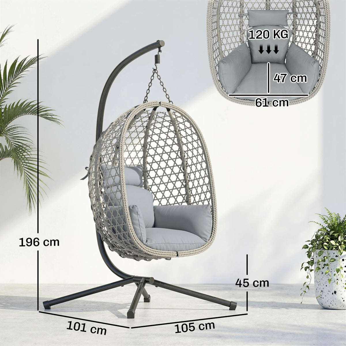 Hanging Egg Chair with Stand, Rattan Hammock, Thick Cushion, Light Grey — product view 5