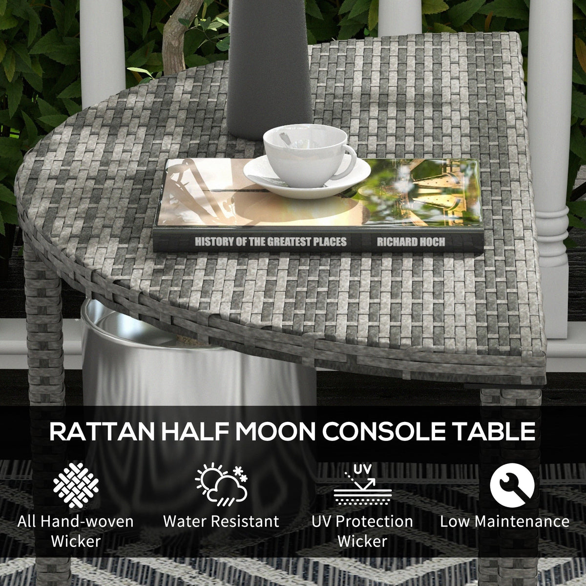39.4" Half Round PE Rattan Side Table with Metal Frame, Grey — product view 7