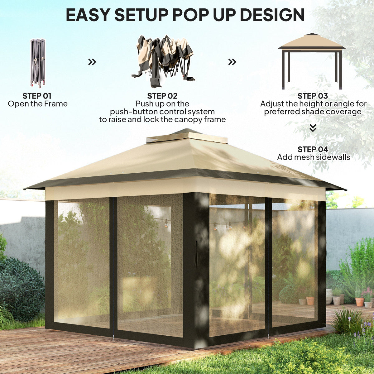 11' x 11' Pop Up Canopy with Double Roof and Mesh Sidewalls, Beige — product view 7
