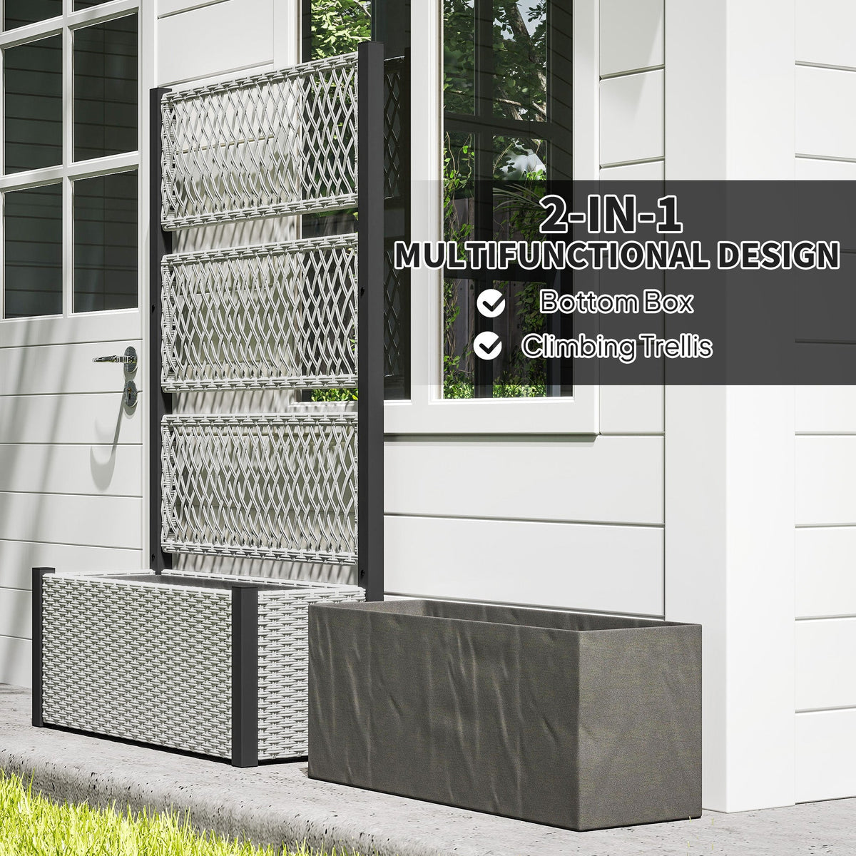58" Wicker Outdoor Planter with Trellis and Privacy Screen, Mixed Grey — product view 7