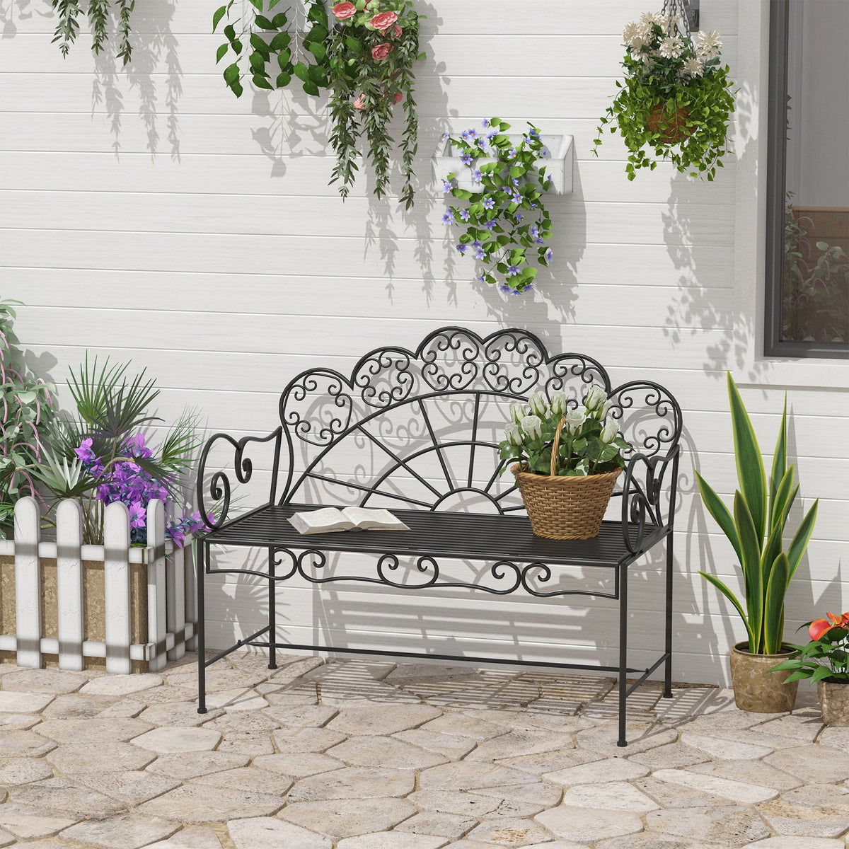 2 Seater Metal Garden Bench, 107 x 55.5 x 92 cm, Black — product view 3