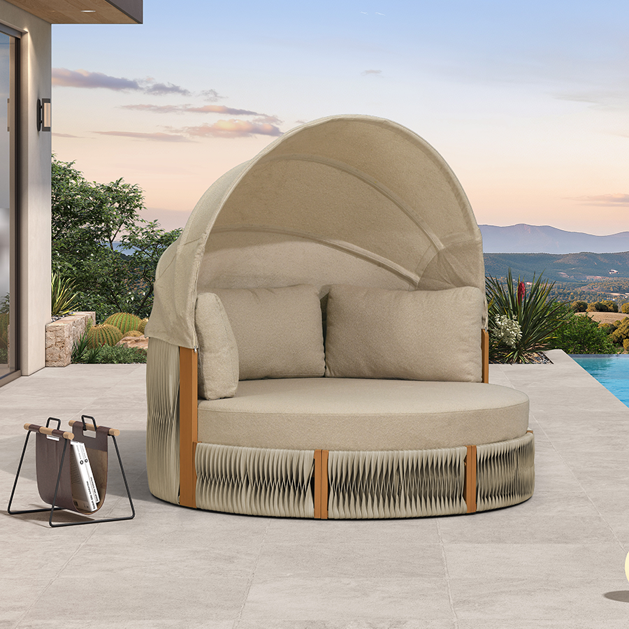 PURPLE LEAF Outdoor Round Daybed Chaise Lounge with Adjustable Canopy for Patio, Olefin fabric cover, thickened seat and back cushion, adjustable canopy, all weather aluminum frame, elegant wicker design — product view 5