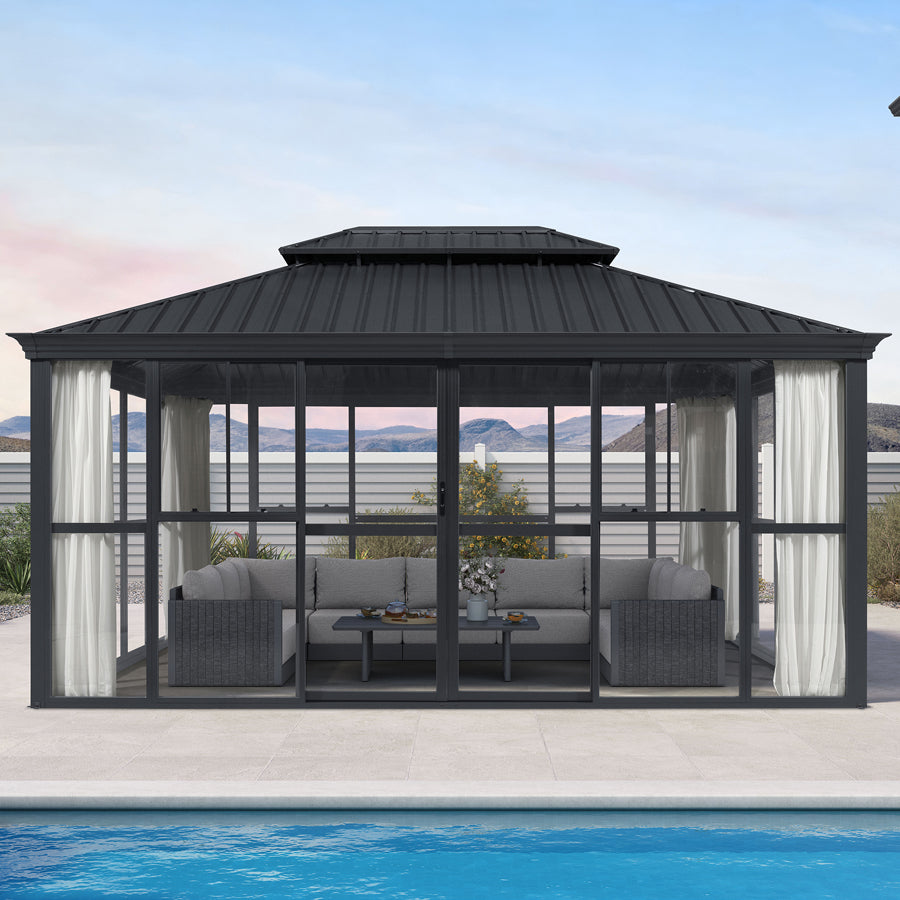 PURPLE LEAF Luxury Sunroom Solarium 360° Transparent Outdoor Living Room with Elegant Curtains Outdoor Gazebo with 4-Side Sliding Doors and Windows for Entertaining — product view 6