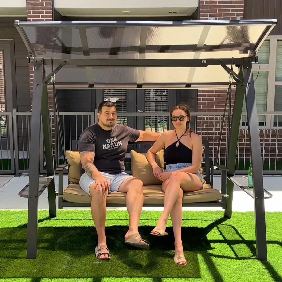PURPLE LEAF Outdoor Porch Swing with Adjustable PVC Canopy and Side Cup Holder for Outside Garden Porch, Cushion and Pillows Included — product view 1