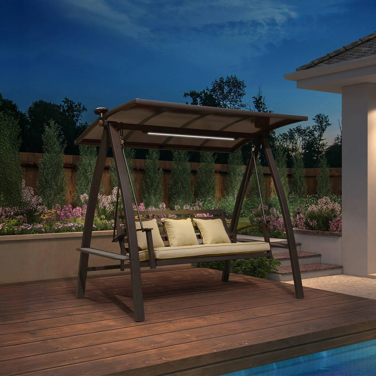 PURPLE LEAF Outdoor Porch Swing with Adjustable PVC Canopy and Side Cup Holder for Outside Garden Porch, Cushion and Pillows Included — product view 3