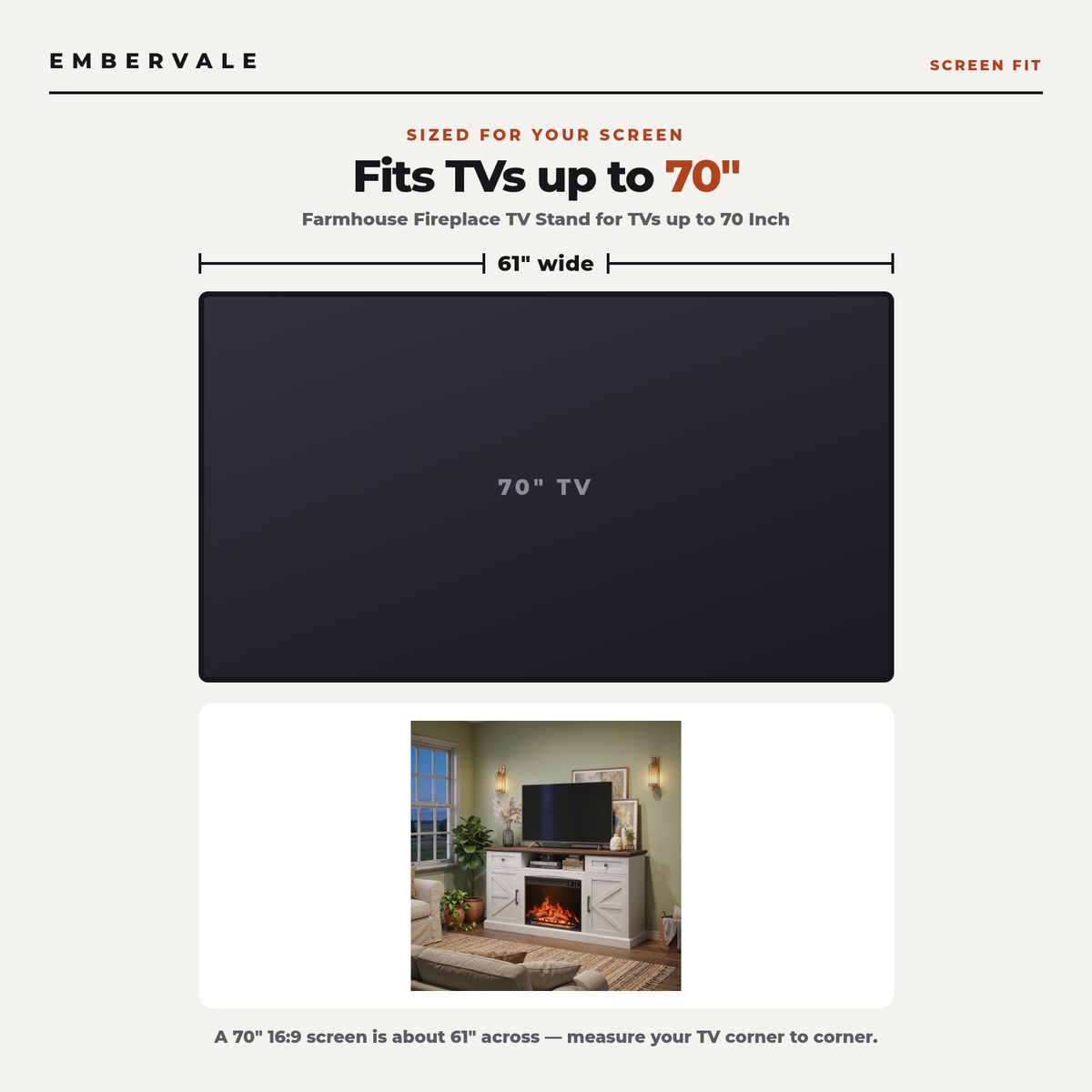 Farmhouse Fireplace TV Stand for TVs up to 70 Inch, Entertainment Center with 23 Inch Electric Fireplace, Drawers & Storage, Antique White — product view 6