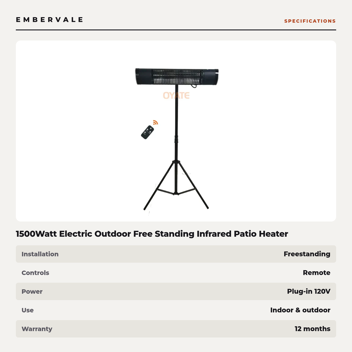1500Watt Electric Outdoor Free Standing Infrared Patio Heater with Remote Control — product view 4