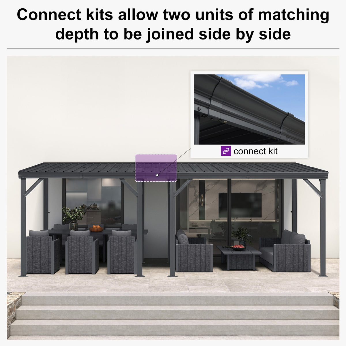 PURPLE LEAF Lean to Gazebo Metal Roof Patio Cover Built-in Drain Slots Wall Mounted Gazebo with Lights-clear for Outdoor Extension — product view 6