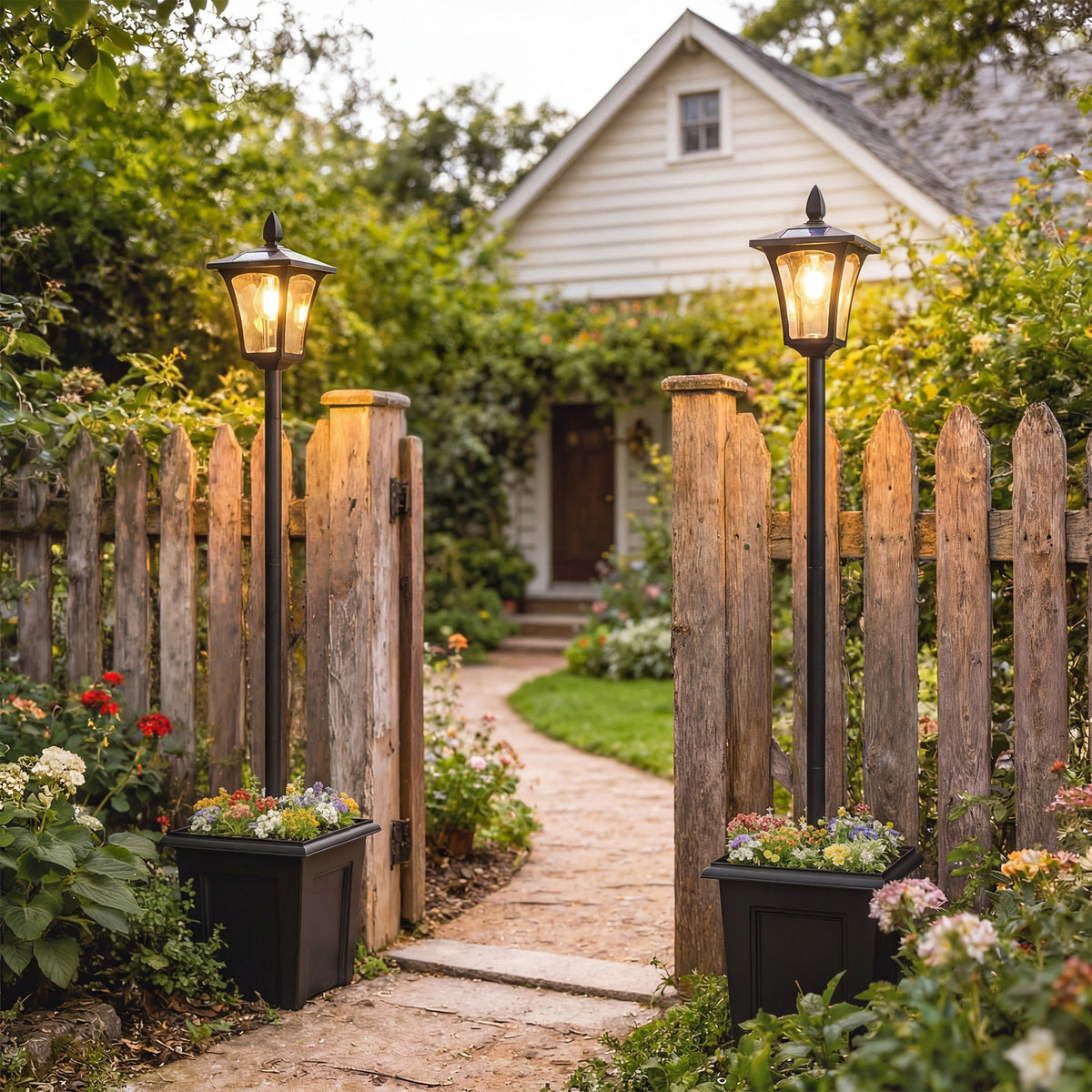 63" Solar Lamp Post Lights 2 Pack with Planter, Waterproof LED, Black — product view 3