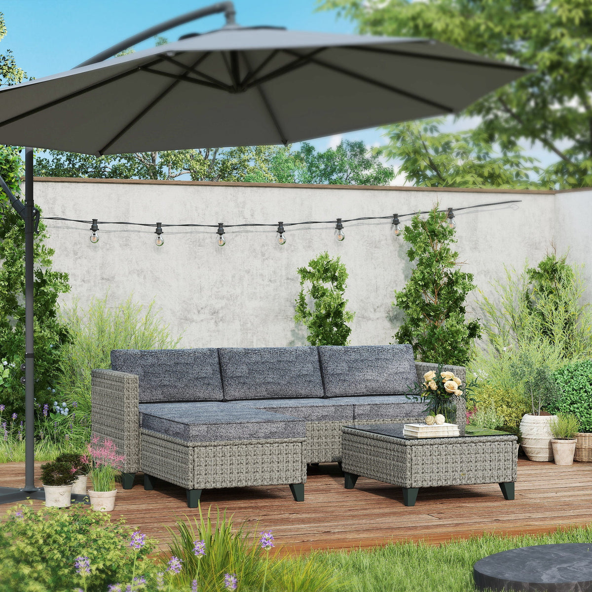 5 Piece PE Rattan Garden Furniture Set with Corner Sofa & Glass Table, Dark Grey — product view 3