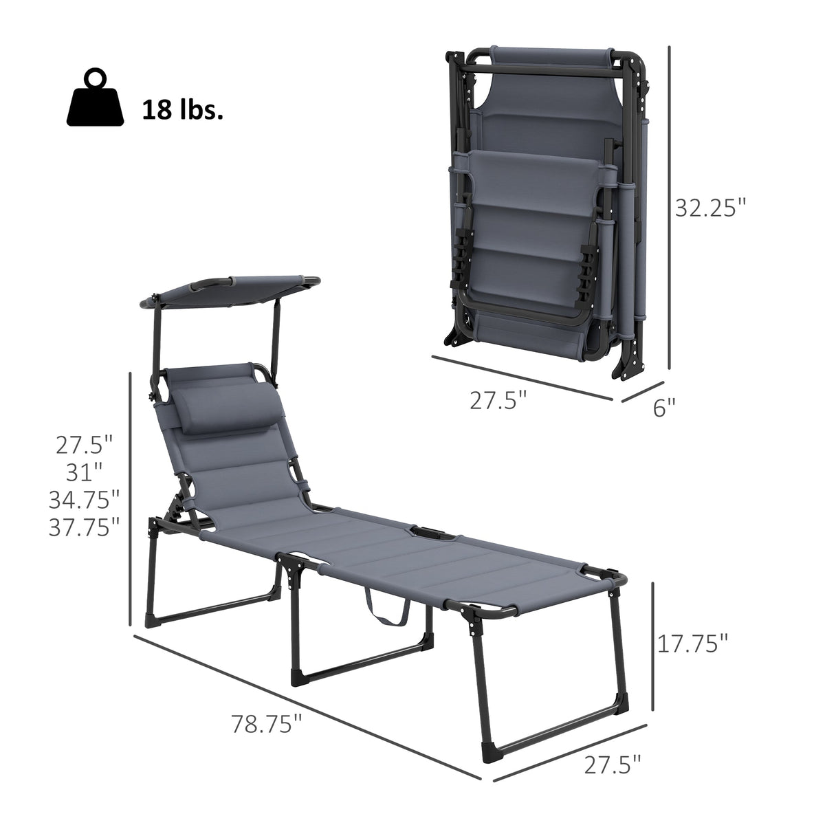 2-Piece Outdoor Lounge Chairs with Sunshade and Pillow, Gray — product view 5