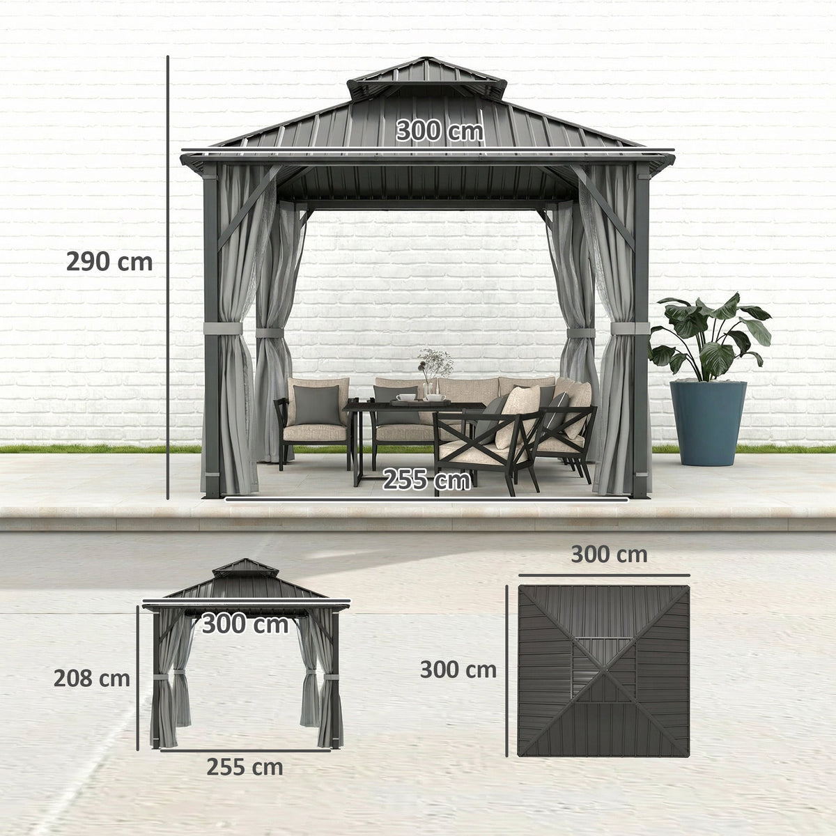 3 x 3 m Hardtop Gazebo with Double Metal Roof, Netting & Curtains, Grey — product view 5