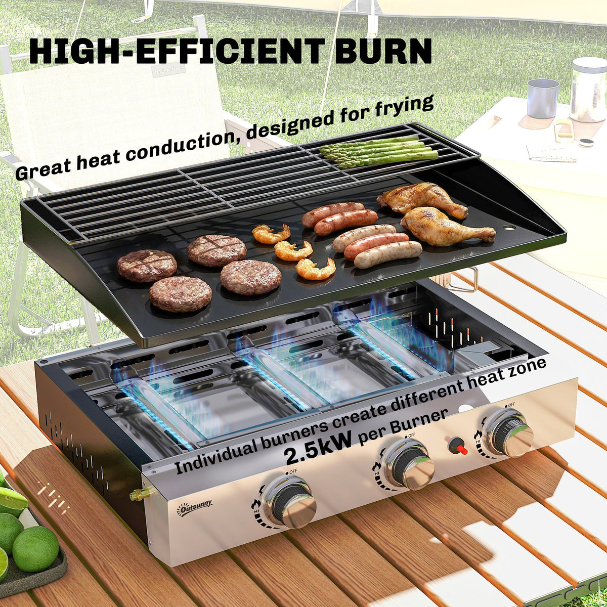 3 Burner Gas Plancha Grill with Warming Rack, 7.5 kW, Black — product view 6