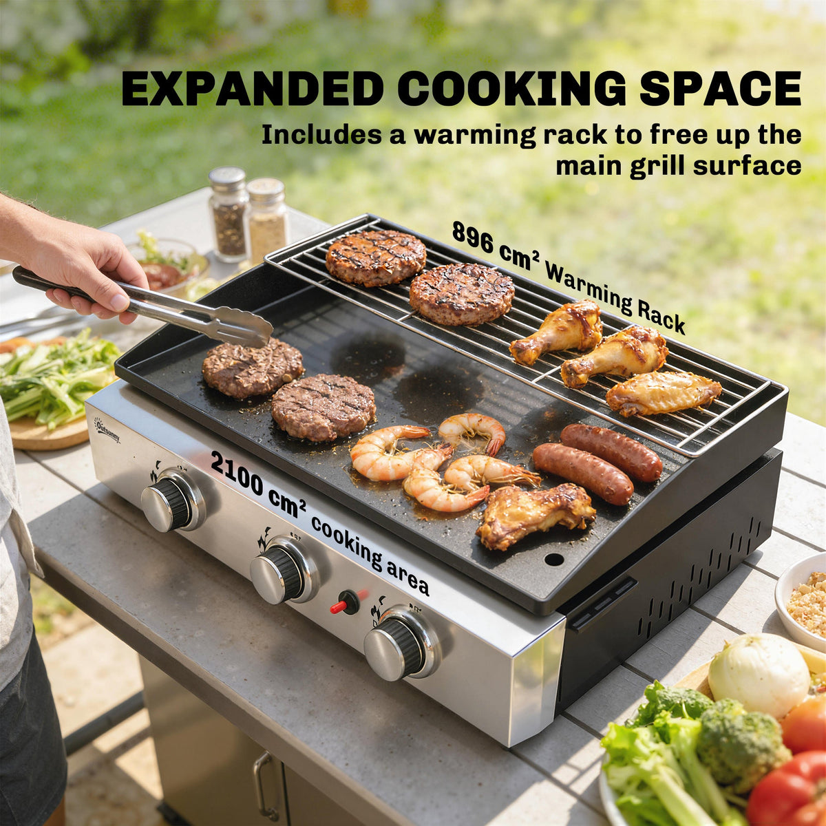 3 Burner Gas Plancha Grill with Warming Rack, 7.5 kW, Black — product view 7