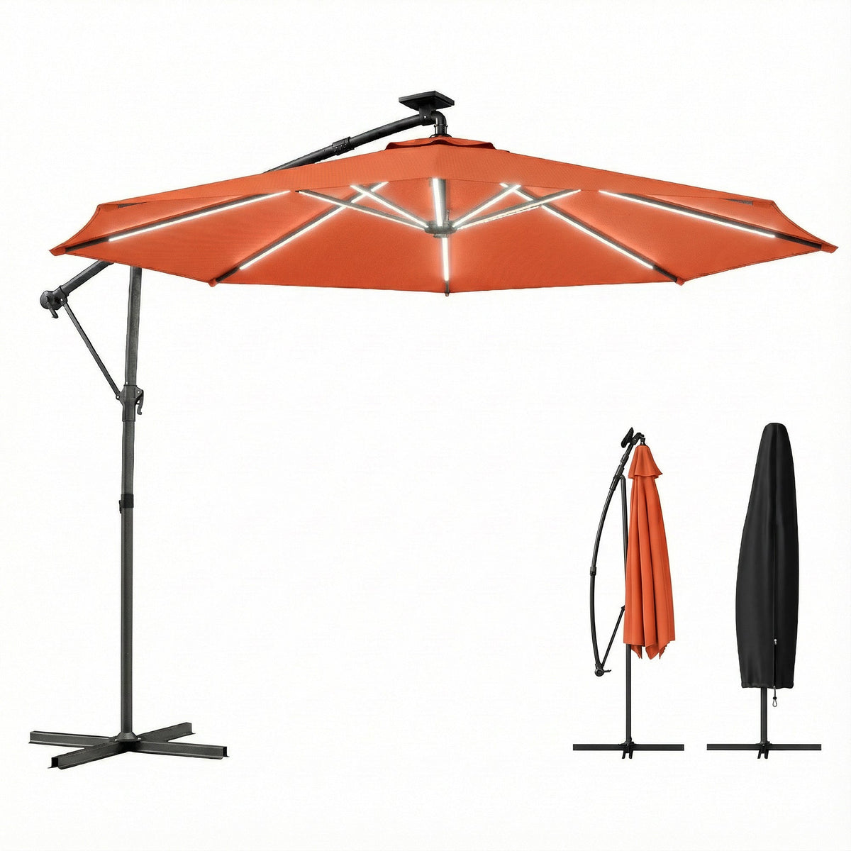 3 m Cantilever Parasol with Solar LED Light, Cover & 360° Rotation, Orange — product view 2