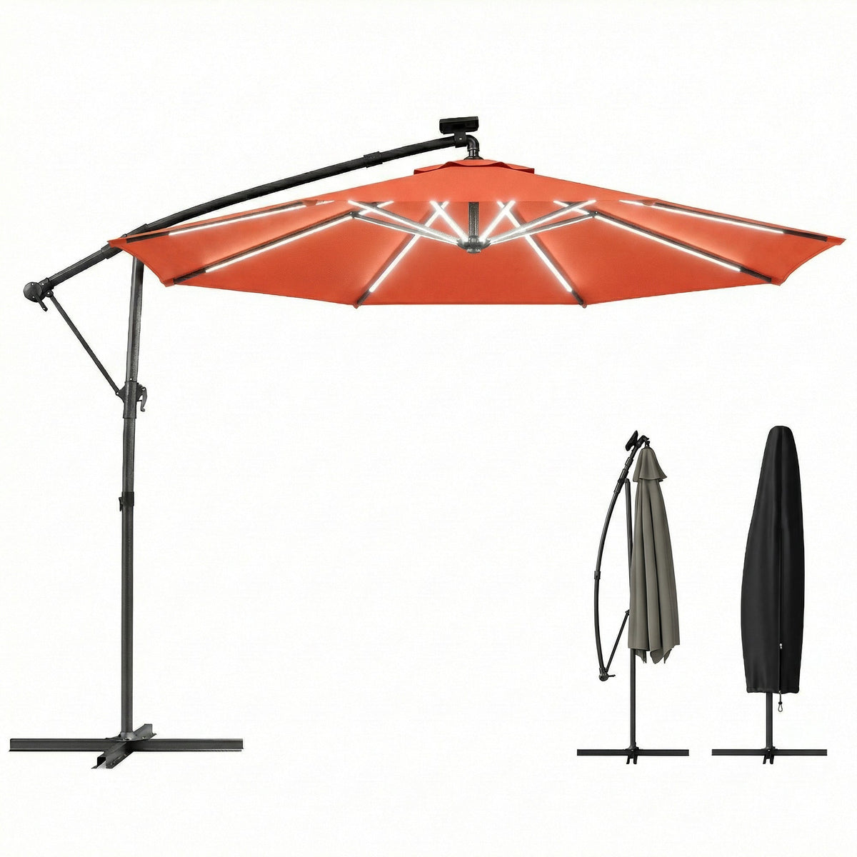 3 m Cantilever Parasol with Solar LED Light, Cover & 360° Rotation, Orange — product view 1