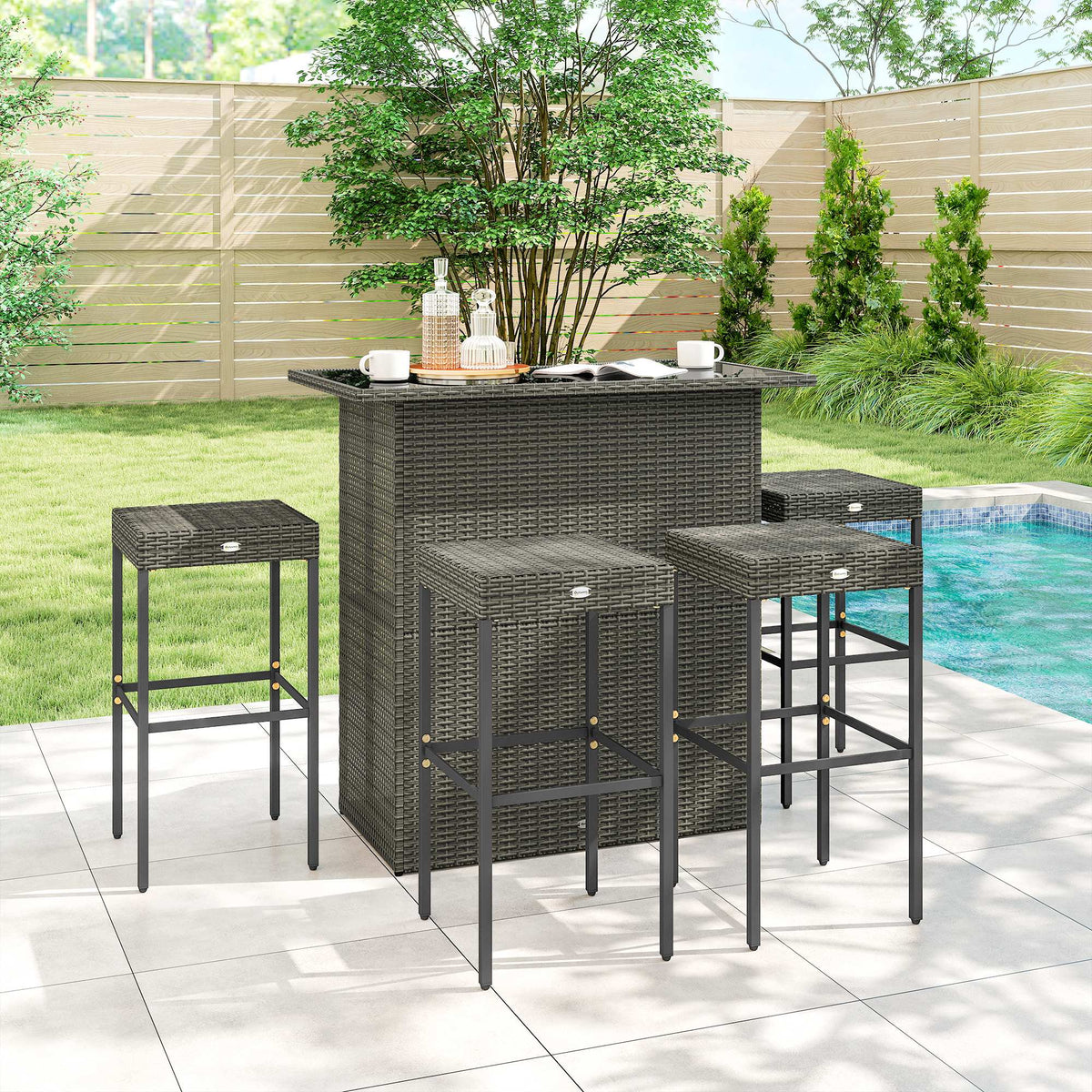 5 Piece Outdoor Wicker Bar Set with Glass Top Table and 4 Stools, Dark Gray — product view 4