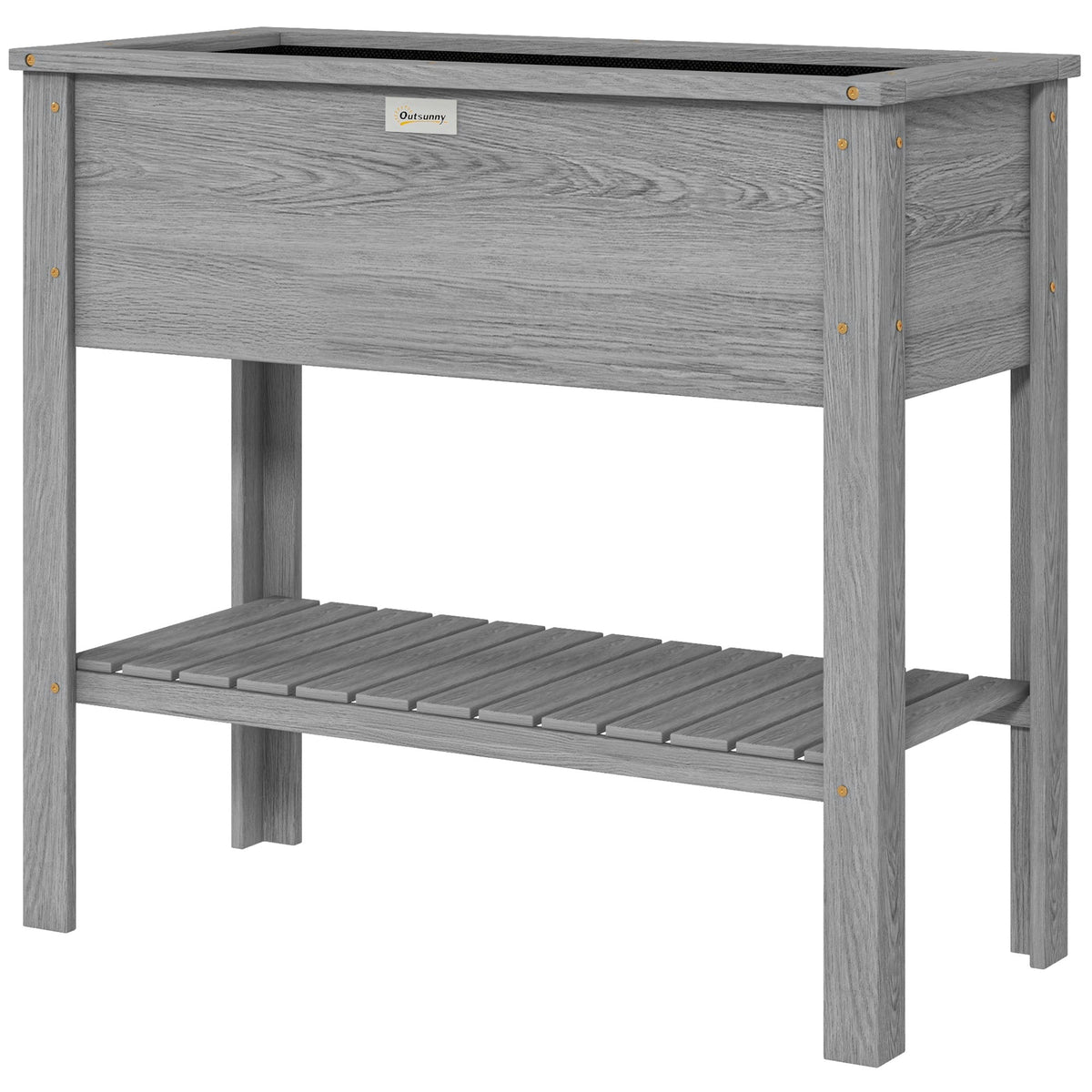 Wooden Raised Garden Bed with Storage Shelf and Drainage Holes, Grey — product view 2