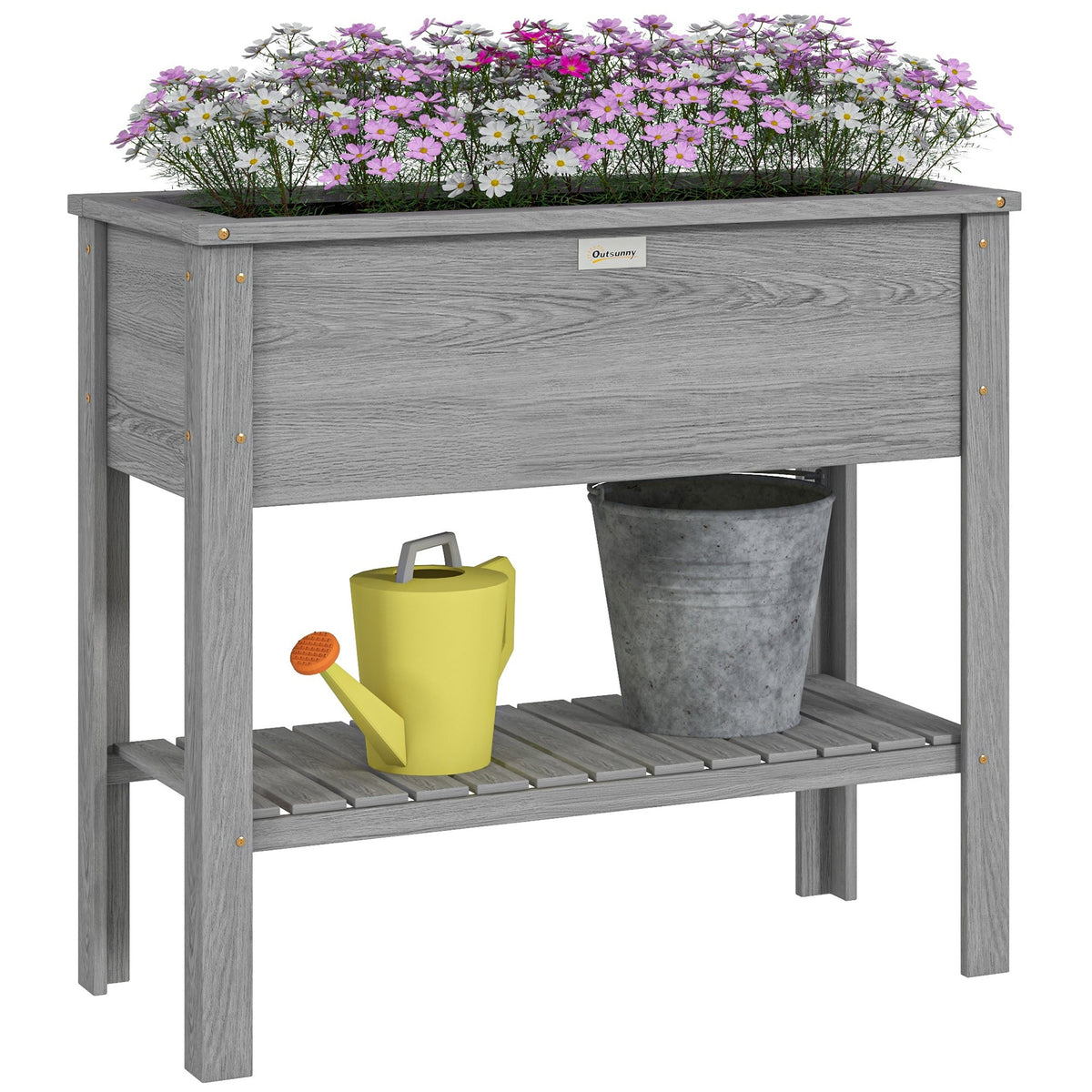 Wooden Raised Garden Bed with Storage Shelf and Drainage Holes, Grey — product view 1