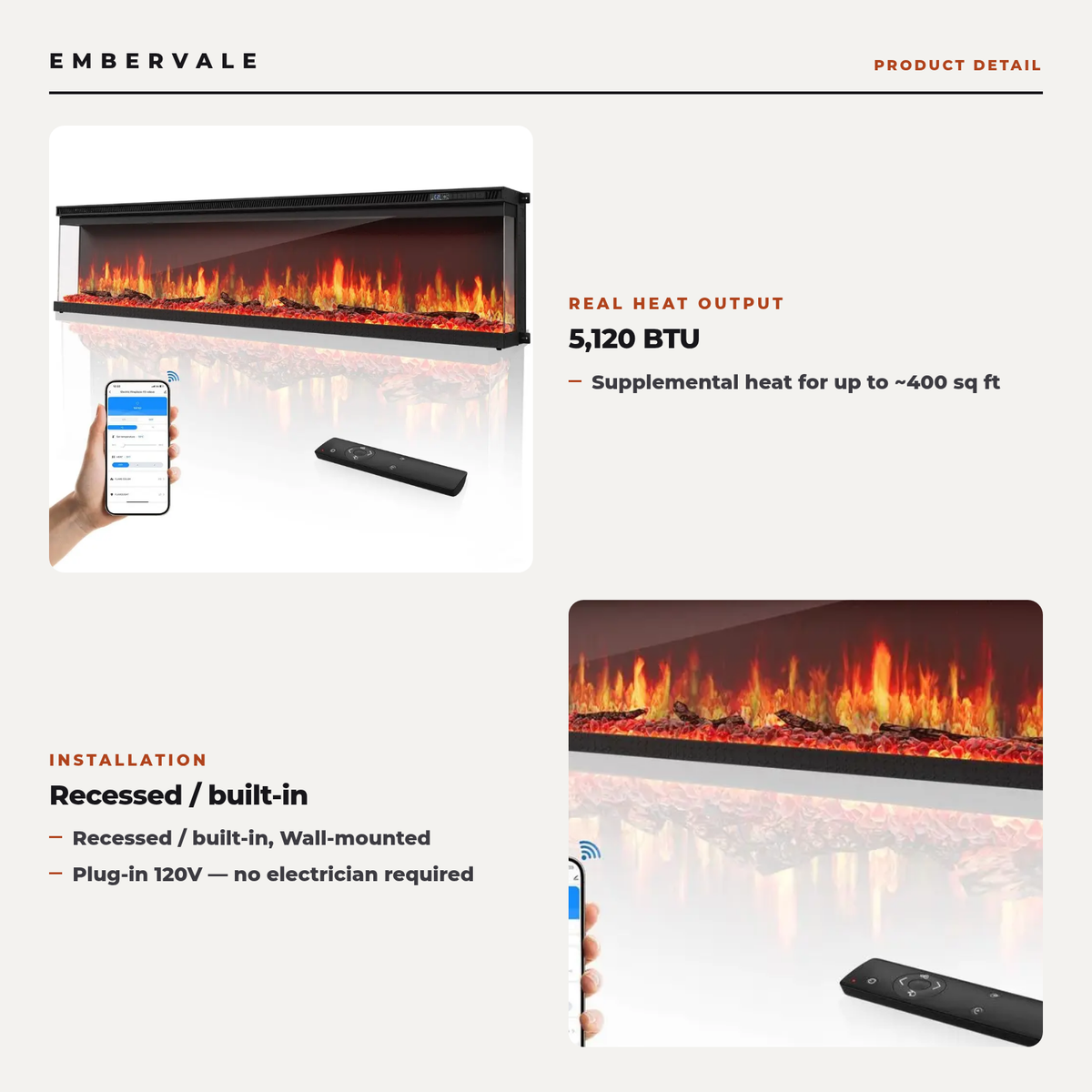 3-Sided Wall Mount Electric Fireplace, Recessed & Built-In Design with WiFi Remote, 1500W Heater — product view 2