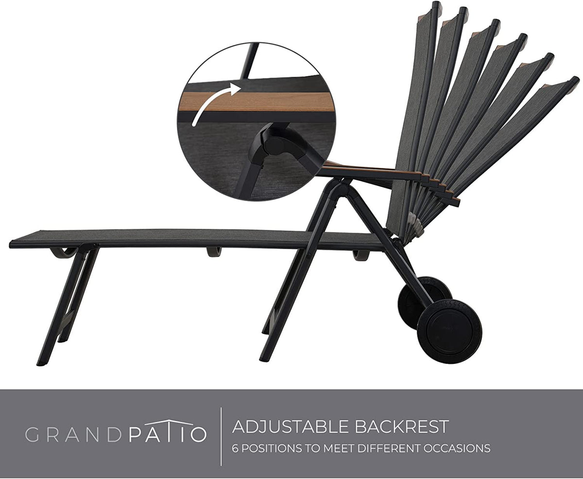 LOUNGE YARD Outdoor Chaise Lounge Chair with 6-Position Adjustable Sling Backrest, Aluminum Folding Portable Wood Grain Chair with Wheels for Beach, Backyard, Poolside, Lawn — product view 4