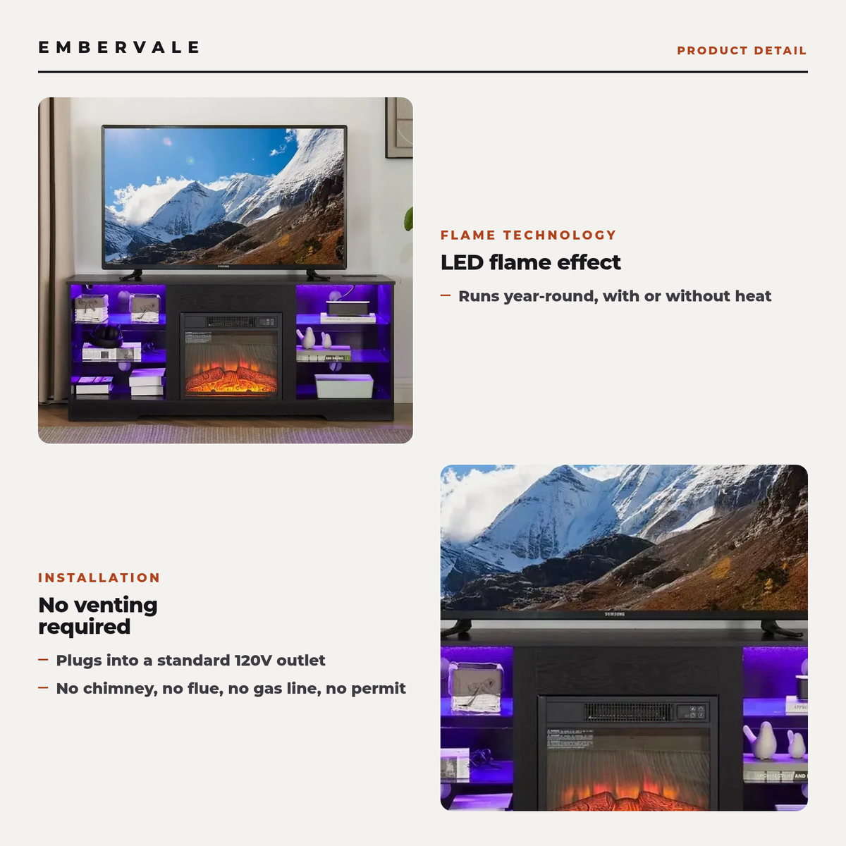 Electric Fireplace TV Stand, Glass Front, Modern Media Console Entertainment Center, Adjustable LED Flame for Living Rooms — product view 2