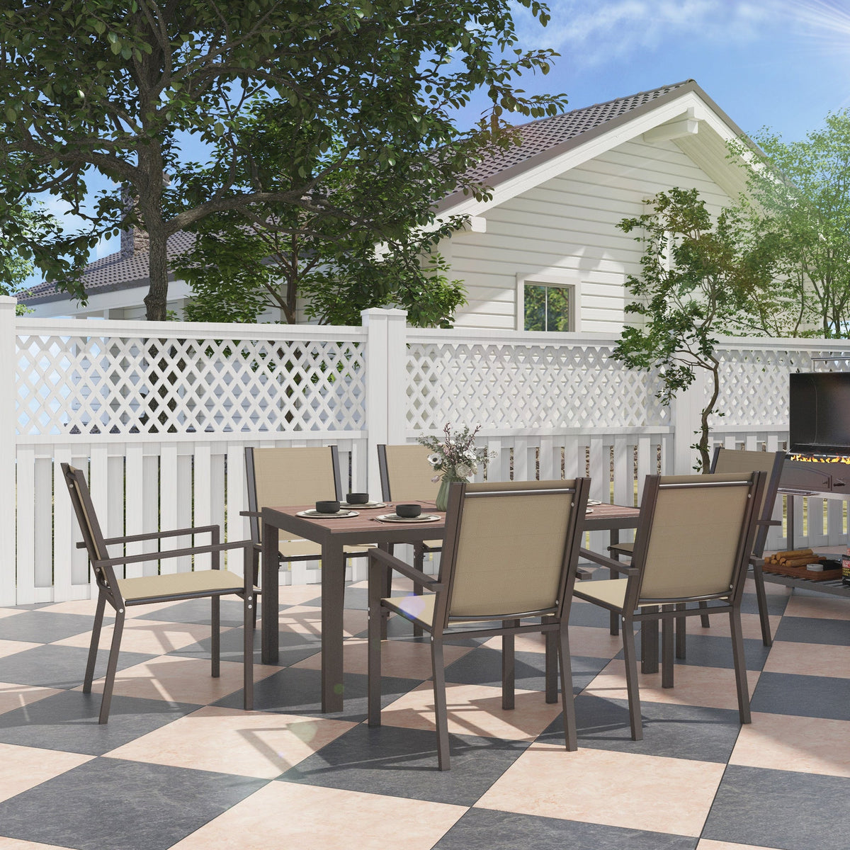 7 Piece Garden Dining Set for 6 with WPC Table & Stackable Chairs, Khaki — product view 3