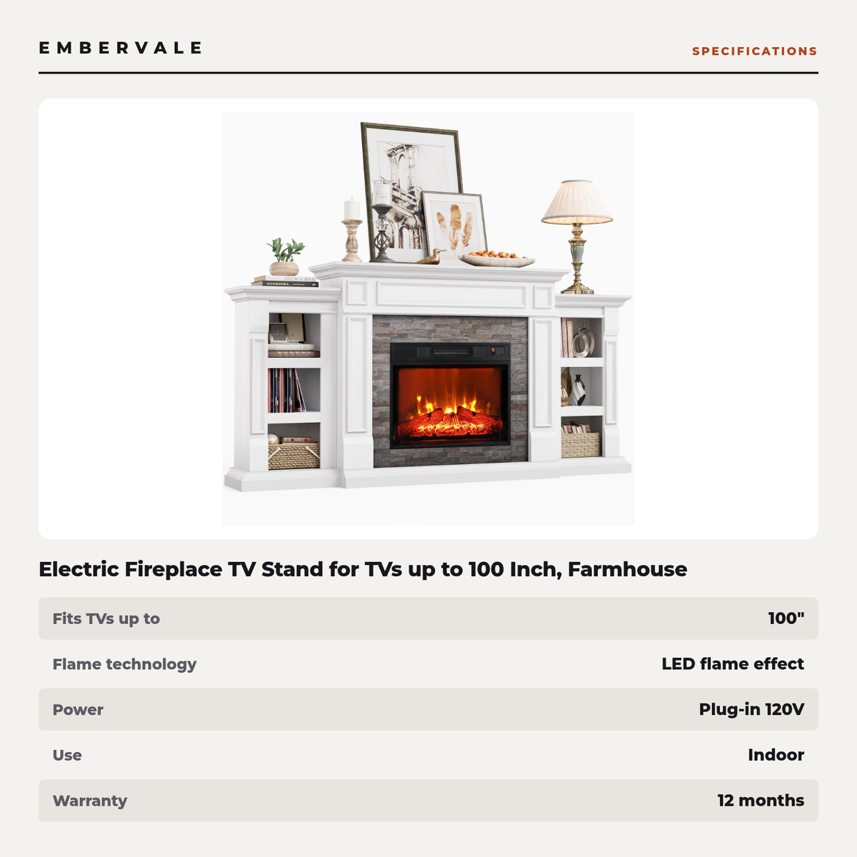 Electric Fireplace TV Stand for TVs up to 100 Inch, Farmhouse Media Console Entertainment Center, Adjustable LED Flame for Living Rooms — product view 3