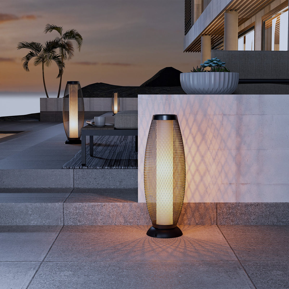 LOUNGE YARD Shadow Solar Powered 28"H Floor Lamp, Metal Wire Shade, LED Modern Outdoor Flickering Lantern — product view 1