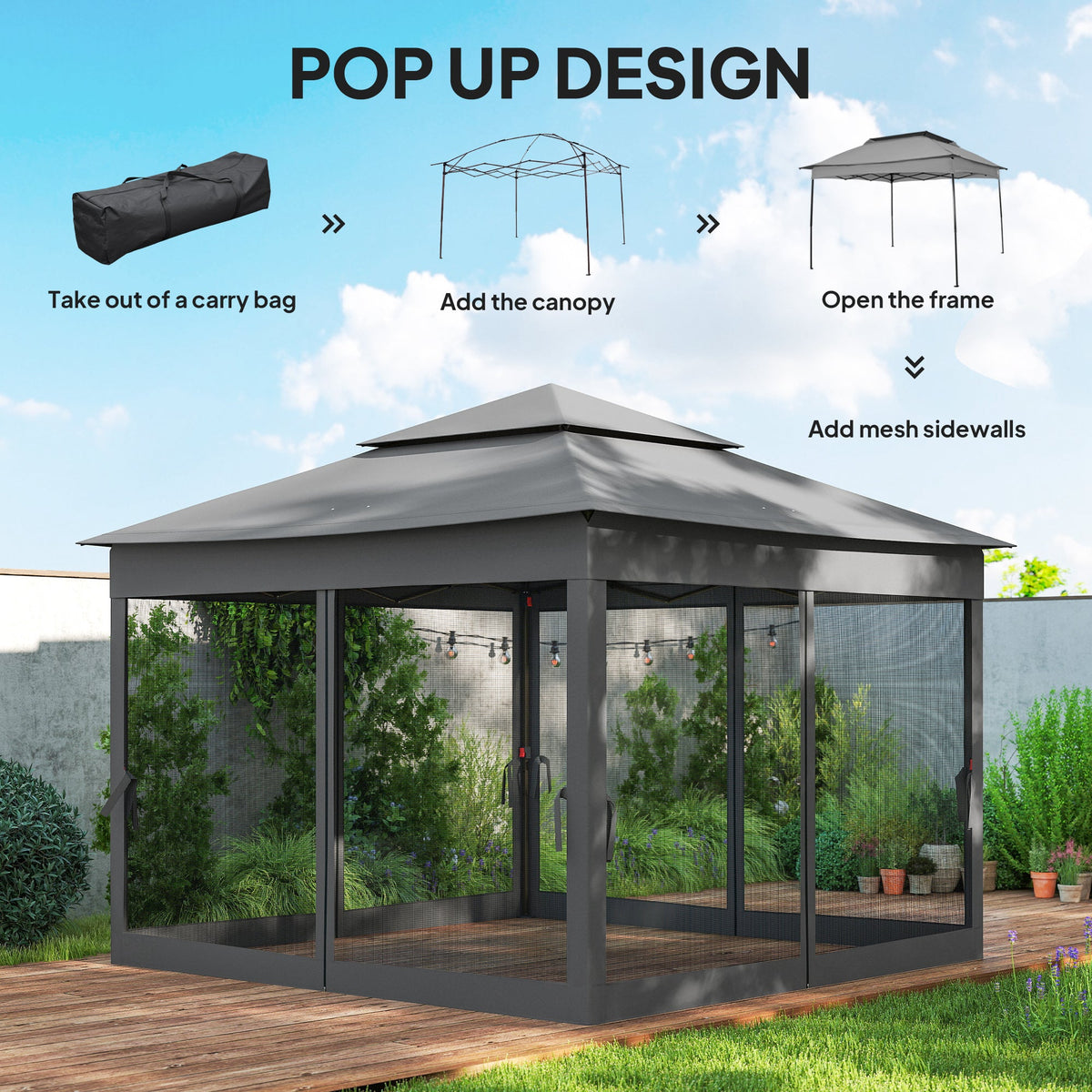 3 x 3m Pop Up Gazebo with Double Roof, Netting & Carry Bag, Dark Grey — product view 6
