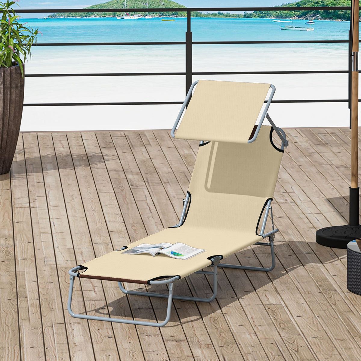Adjustable Folding Lounge Chair with Sun Shade, Beige — product view 4