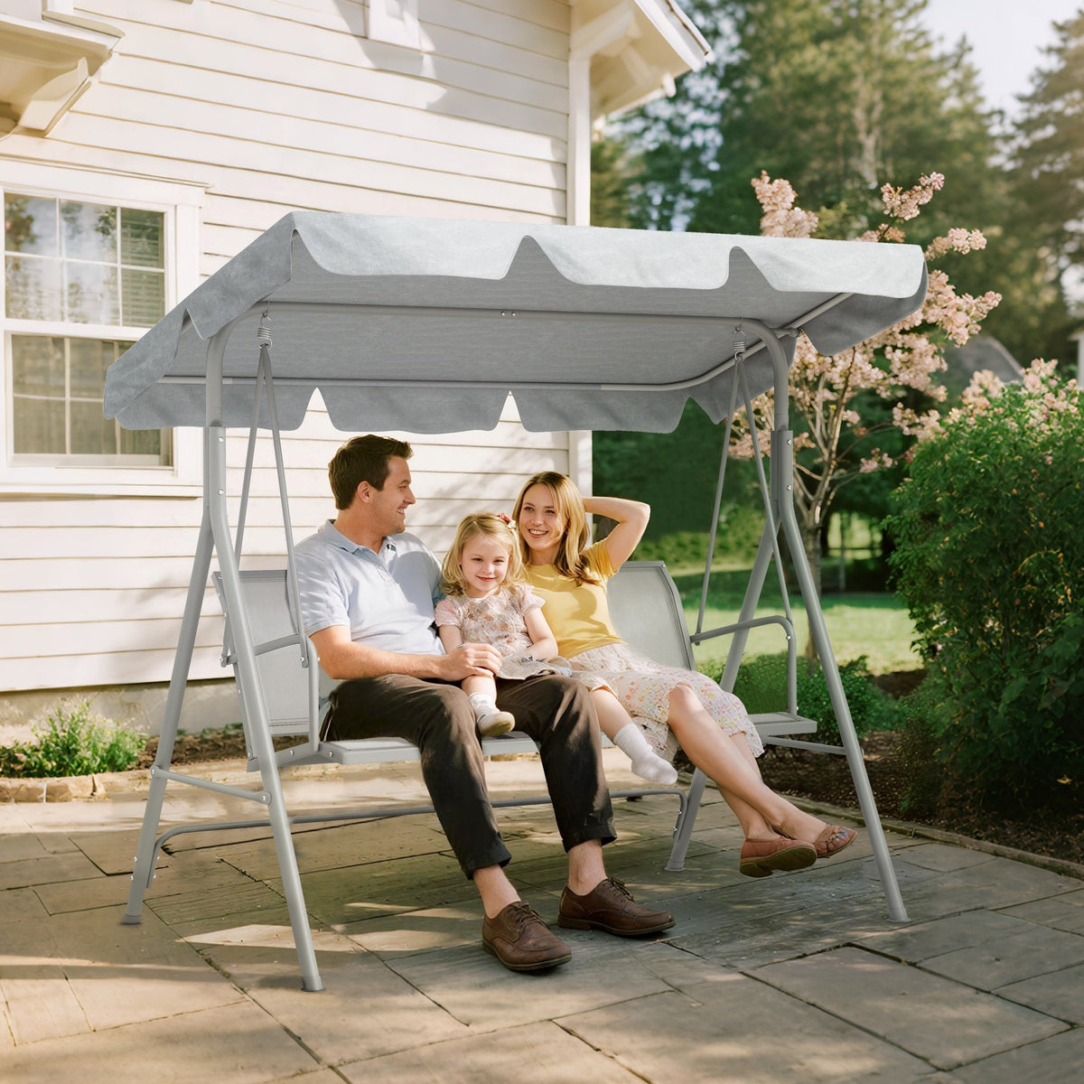 3 Seater Garden Swing Chair with Tilting Canopy & Mesh Seat, Light Grey — product view 3