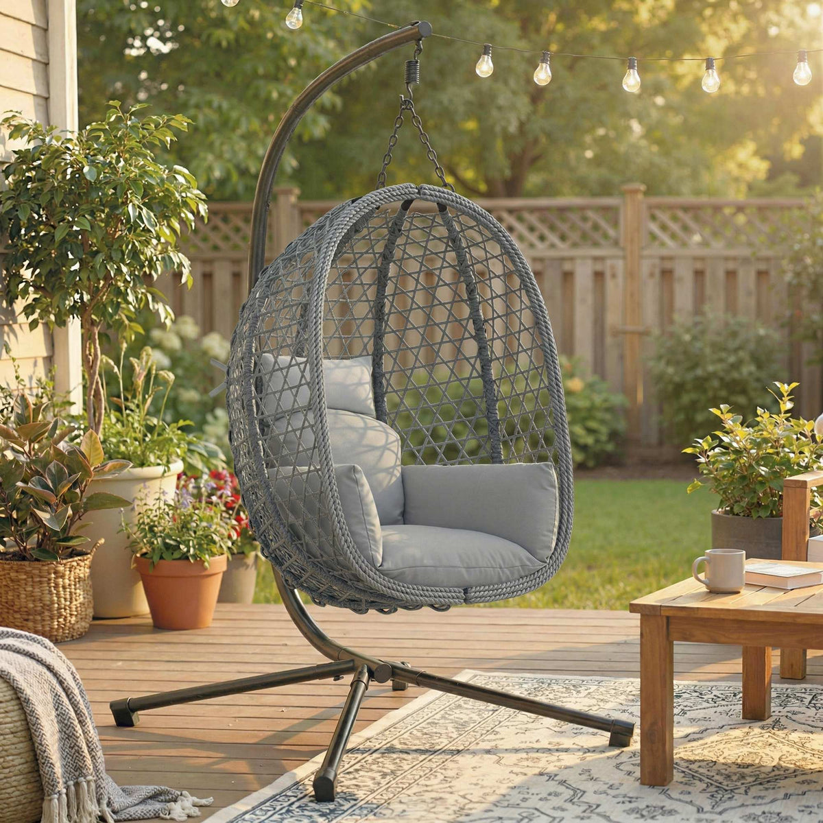 Hanging Egg Chair, Rattan with Stand, Safety Strap & Foldable Basket, Dark Grey — product view 3