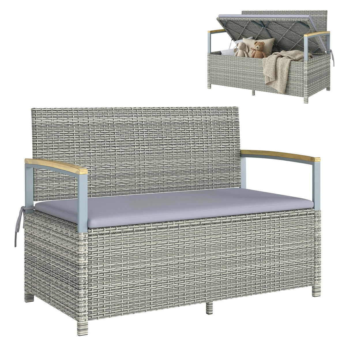 144L 2-Seater Rattan Storage Bench with Acacia Armrests & Gas Strut, Light Grey — product view 1