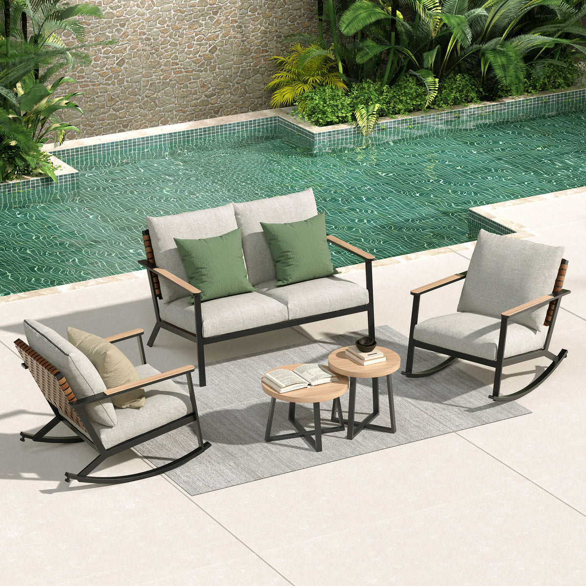 LOUNGE YARD 4-Seat Conversation Sofa Set, Outdoor Rocking Bistro Set with Thick Cushions — product view 2