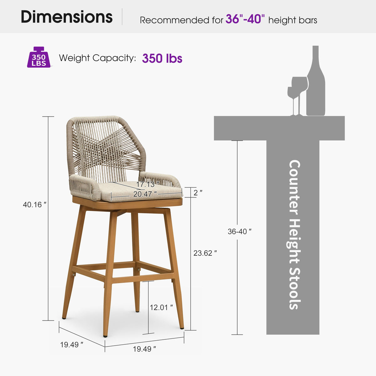 PURPLE LEAF Outdoor Swivel Bar Stools Set of 2 Patio 360° Rotating All-Weather Wicker Stools with Back and Cushion for Outside Backyard Kitchen Bistro Garden Bar — product view 6