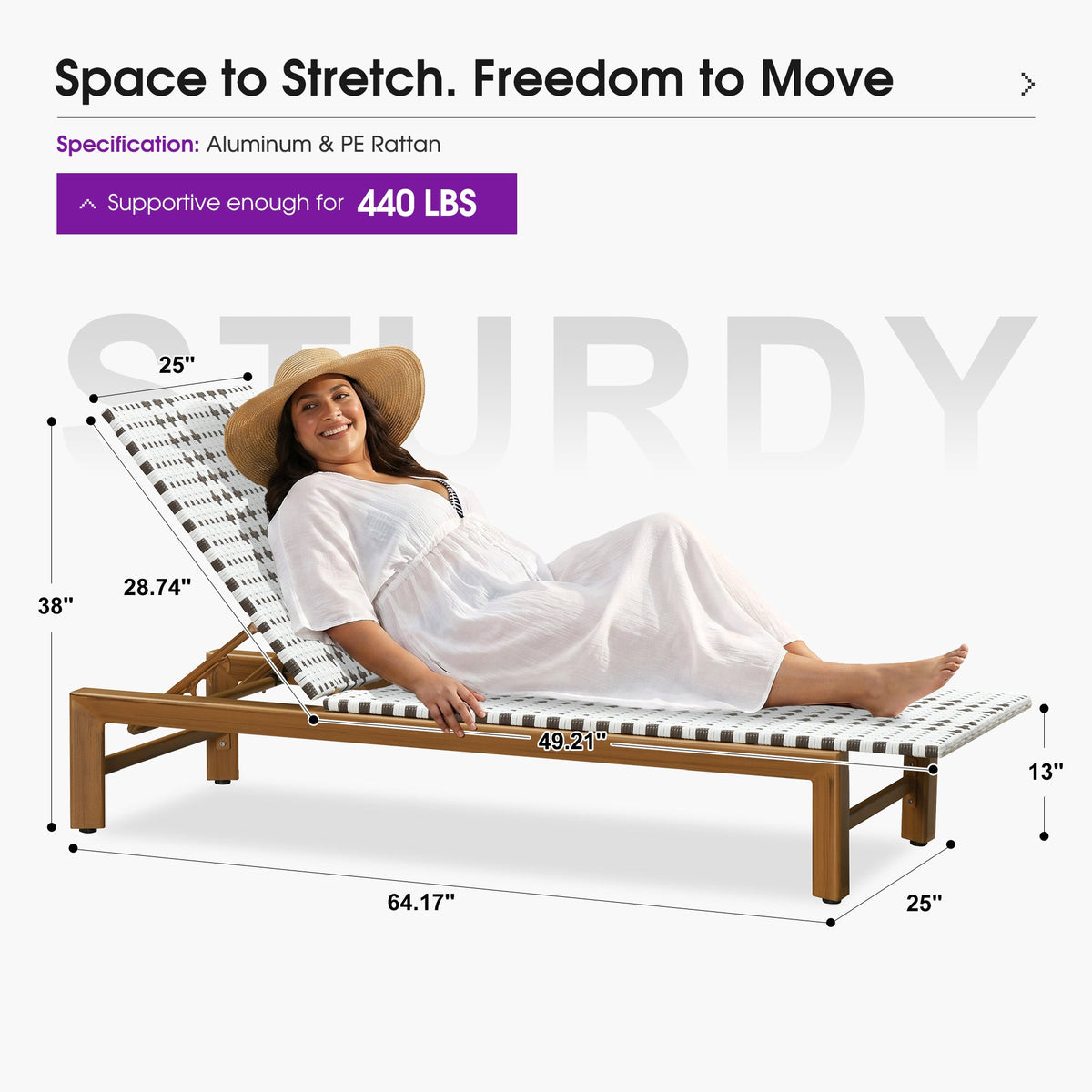 PURPLE LEAF Outdoor Teak Chaise Lounge Chair, Wood Grain Aluminum Outdoor Pool Lounge Chairs with Adjustable Backrest, Breathable Recliner for Patio, Poolside, Garden — product view 4