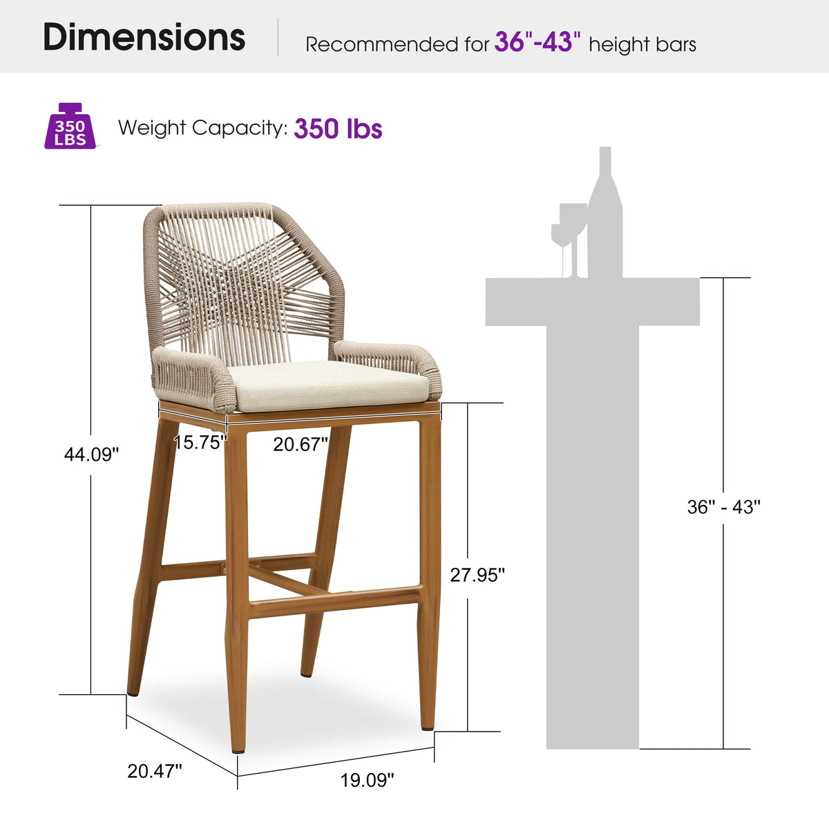 PURPLE LEAF Patio Bar Stools Counter Stools Outdoor Rattan Chairs with Back Modern Aluminum Woven Barstools for Garden Patio Kitchen Indoor — product view 3