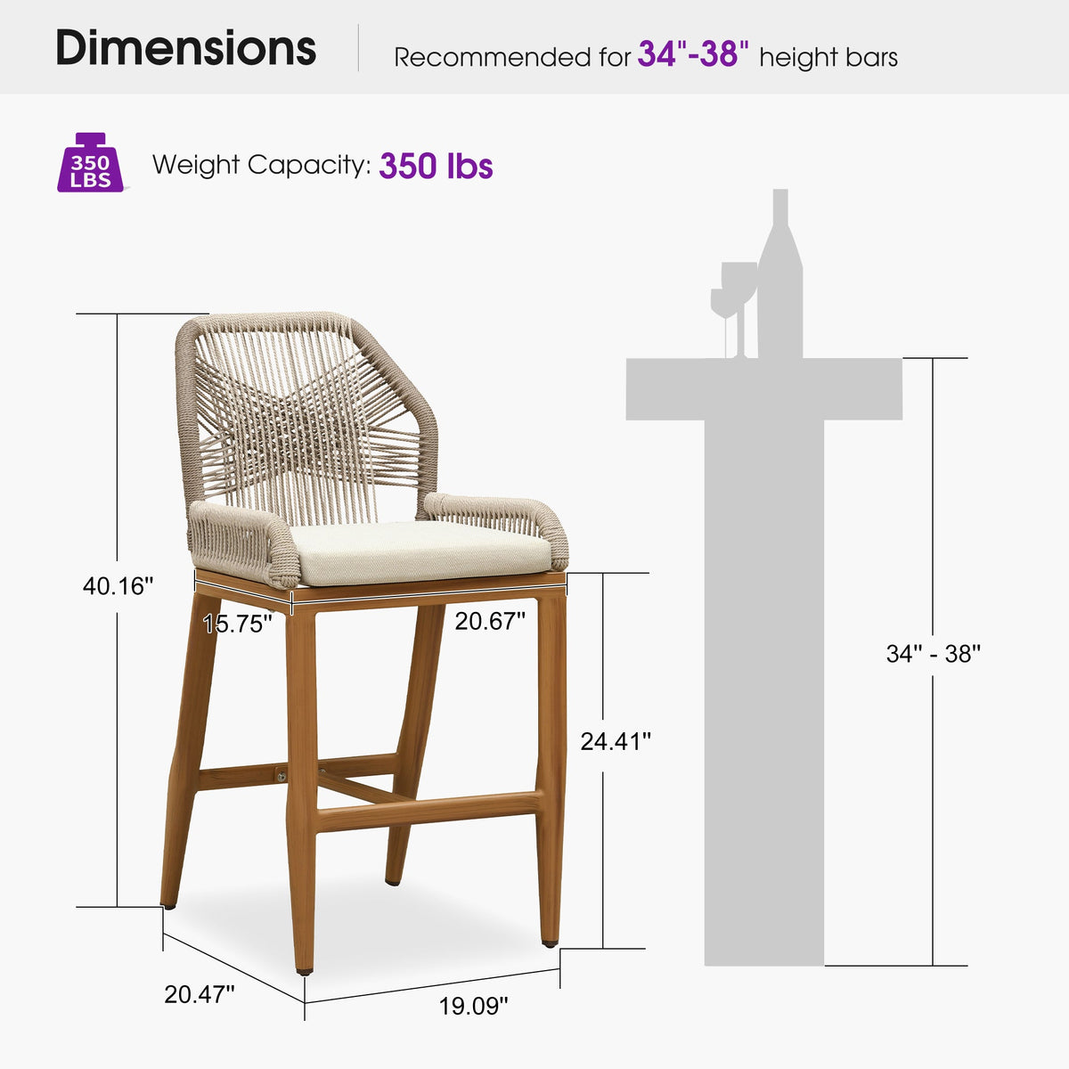PURPLE LEAF Patio Bar Stools Counter Stools Outdoor Rattan Chairs with Back Modern Aluminum Woven Barstools for Garden Patio Kitchen Indoor — product view 5