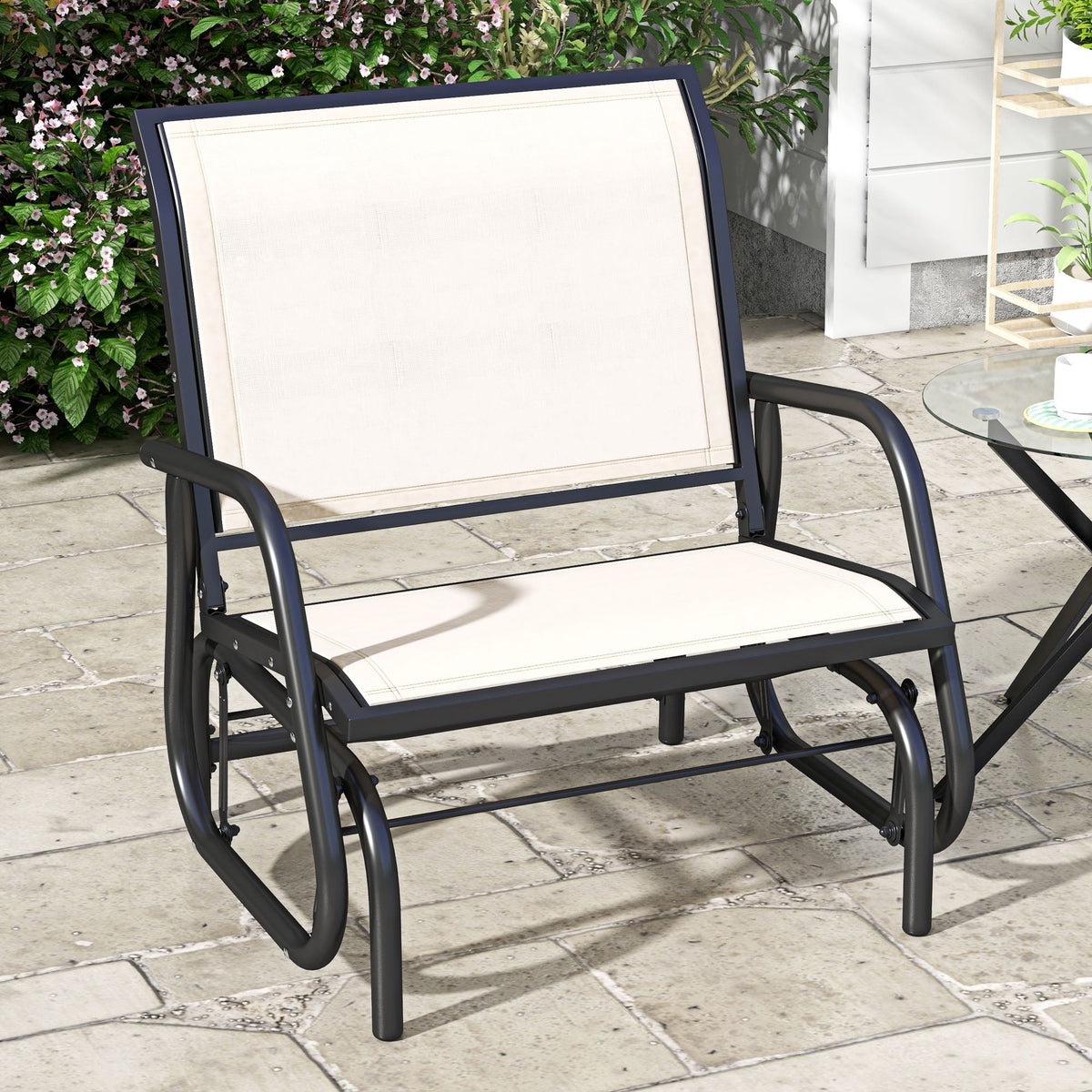 Porch Glider Chair with Mesh Fabric, Curved Armrests and Steel Frame, Cream White — product view 3