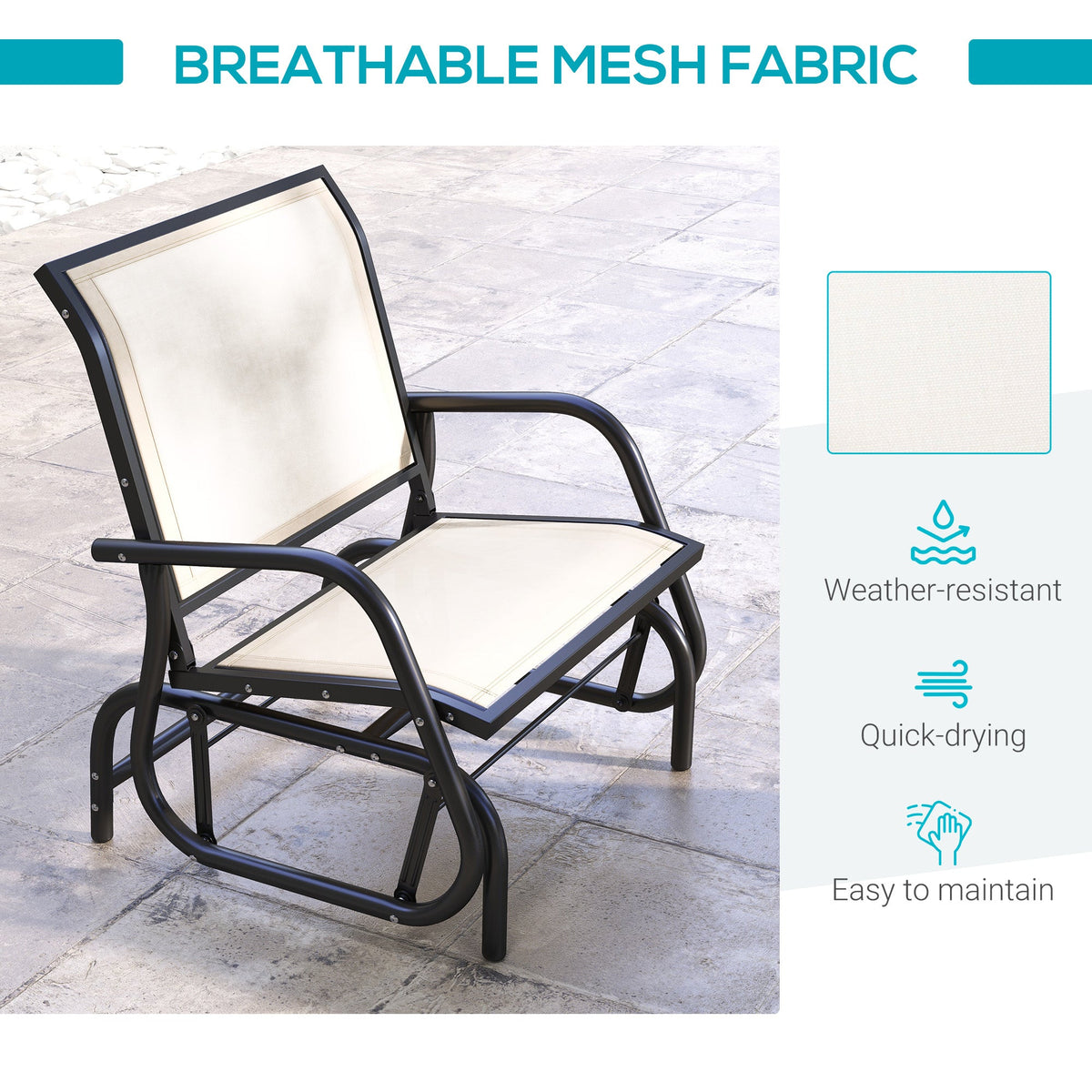 Porch Glider Chair with Mesh Fabric, Curved Armrests and Steel Frame, Cream White — product view 7
