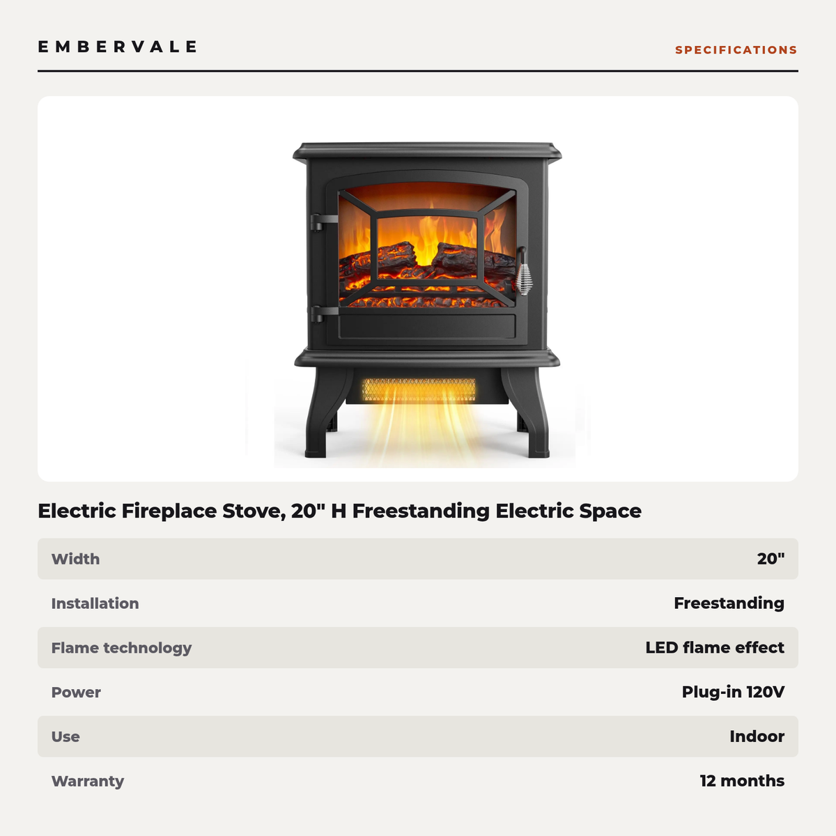 Electric Fireplace Stove, 20" H Freestanding Electric Space Heater with Temperature Adjustable, Realistic Flame Effect — product view 3