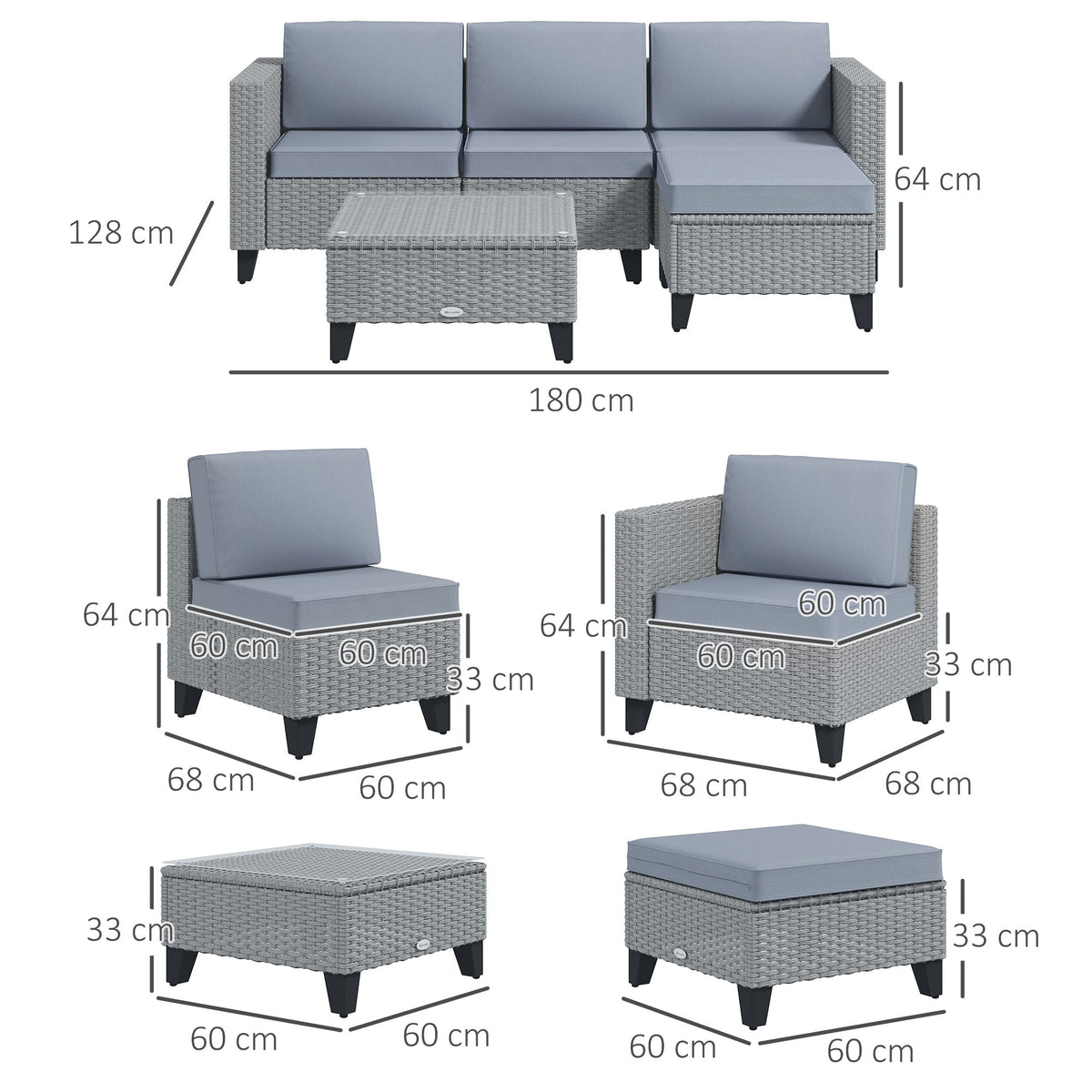 5 Piece PE Rattan Garden Furniture Set with Corner Sofa & Glass Table, Grey — product view 5