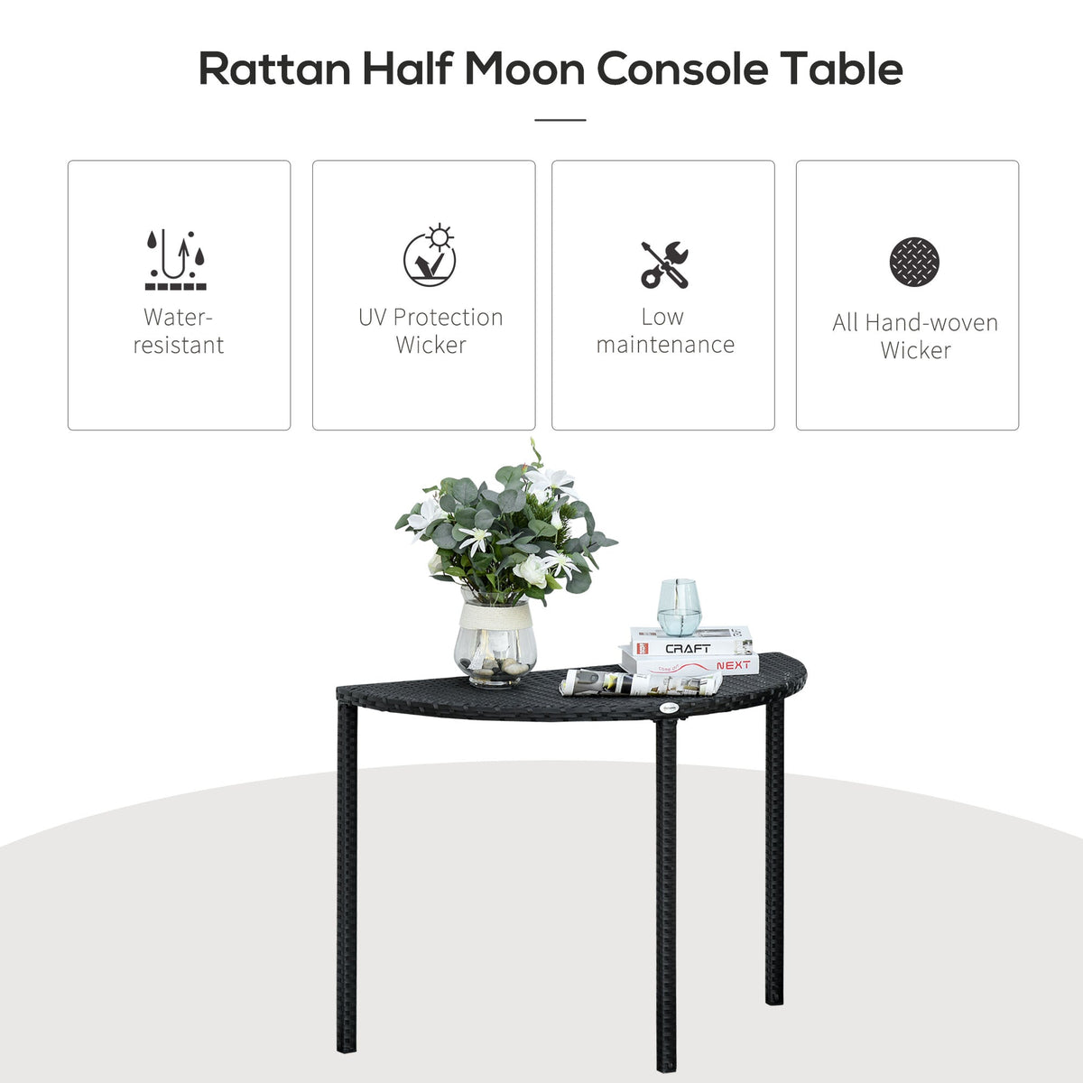 39.4" Half Round PE Rattan Side Table with Metal Frame, Black — product view 6
