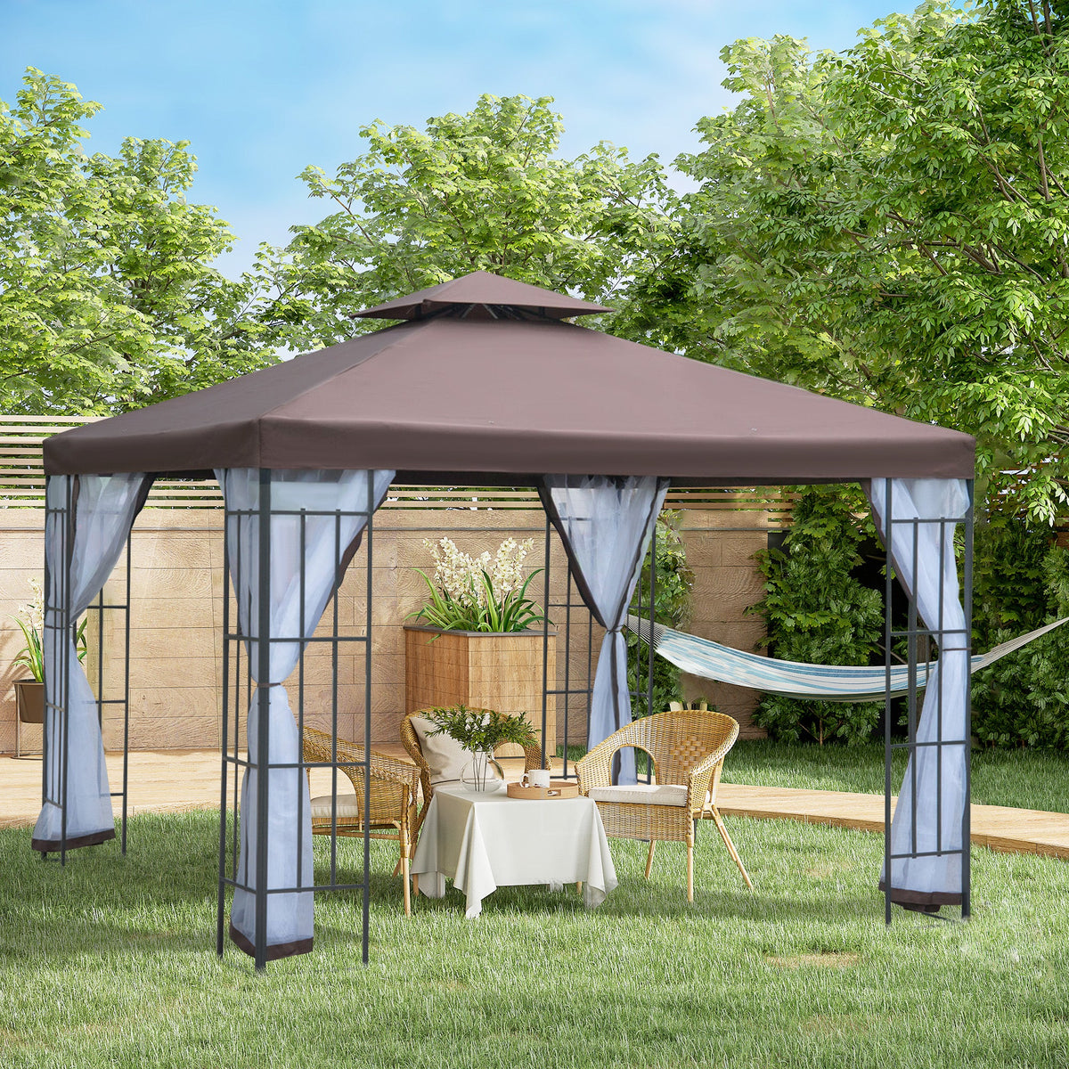 3 x 3m Patio Gazebo with 2 Tier Roof & Mosquito Netting, Coffee — product view 3